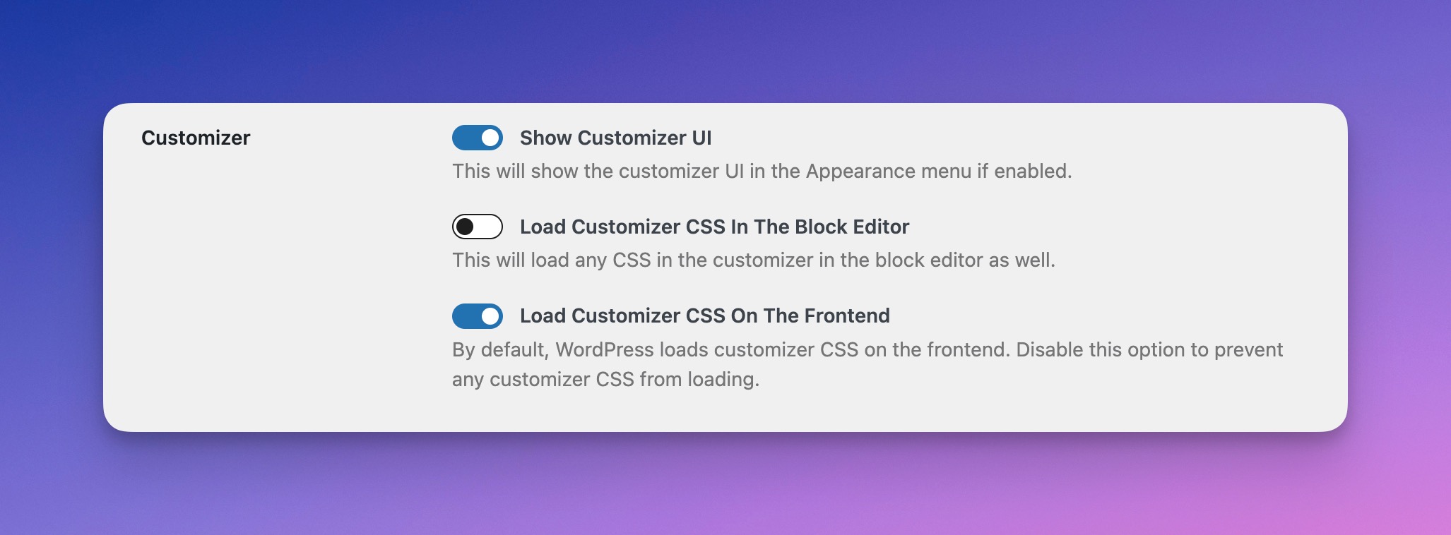 Enable the Customizer UI, and load Additional CSS in the block editor.