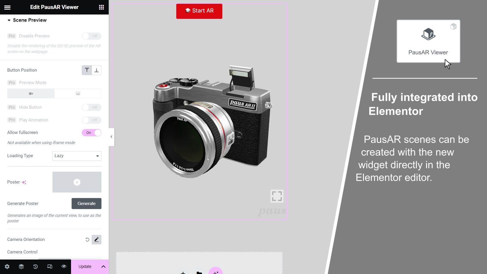 PausAR Viewer is fully integrated into the Elementor page builder