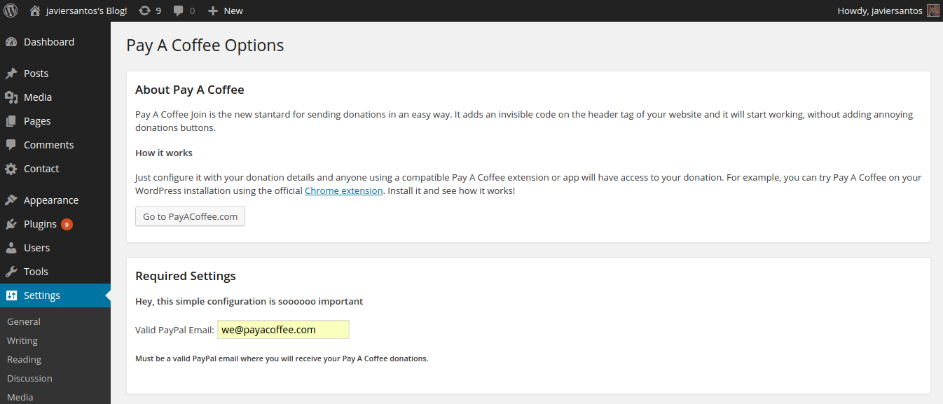 Setting screen of Pay A Coffee Plugin for WordPress, required configuration for donations.