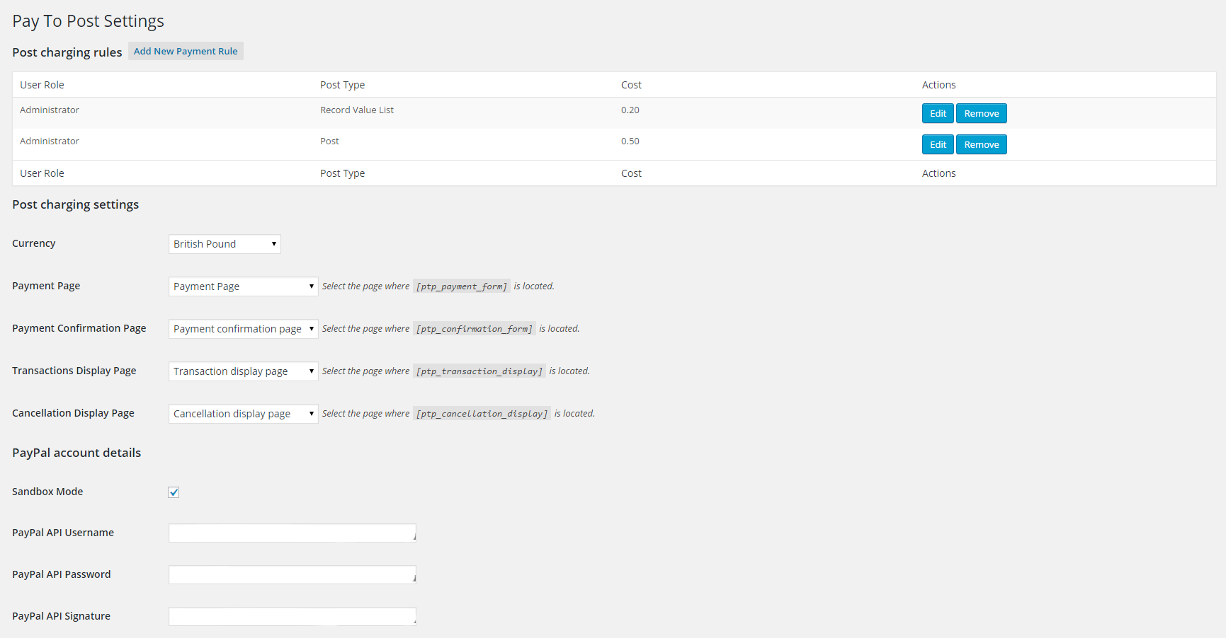 Settings > Pay To Post admin panel, showing charging rules.