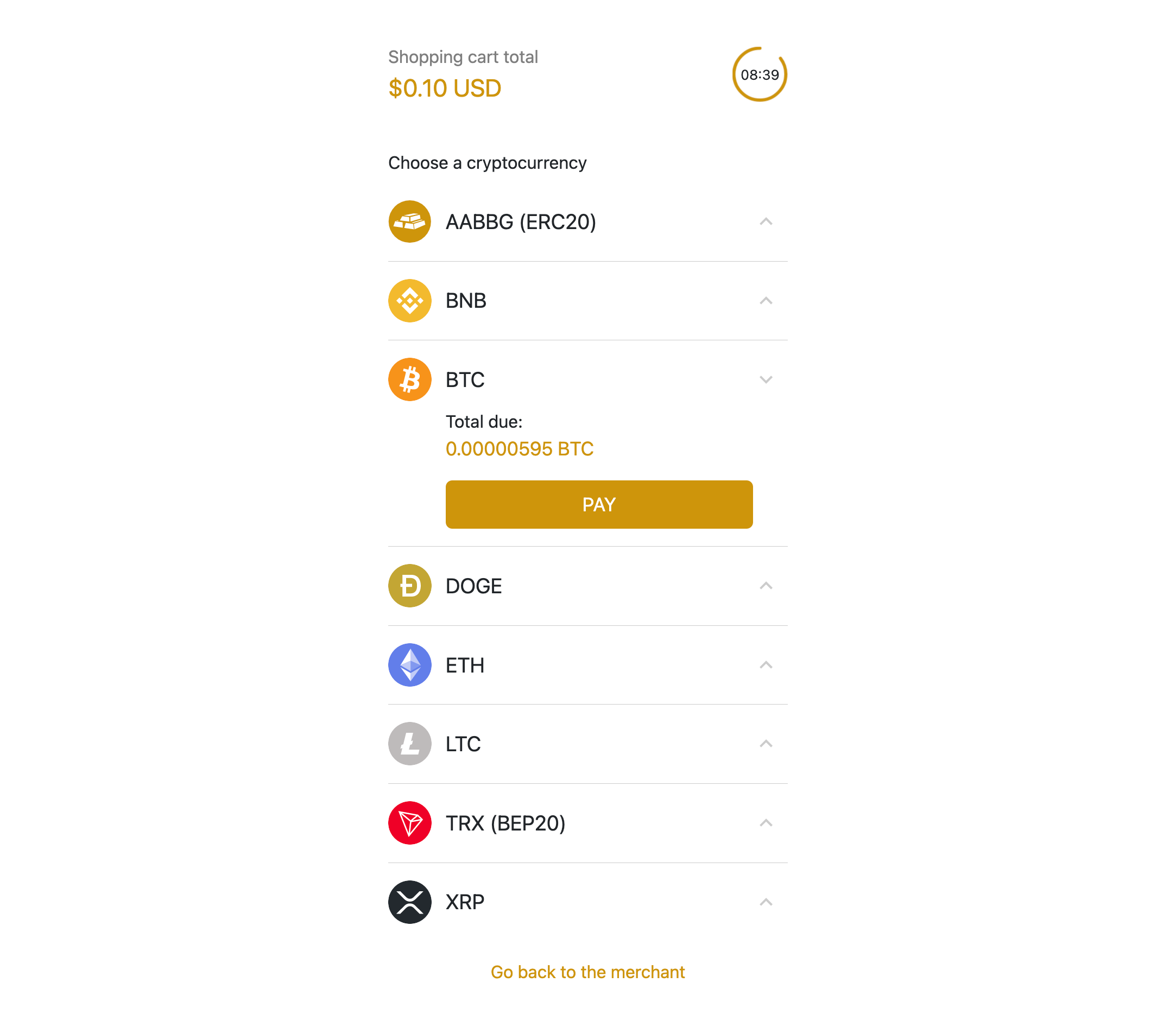 PayAABB - Choose a cryptocurrency