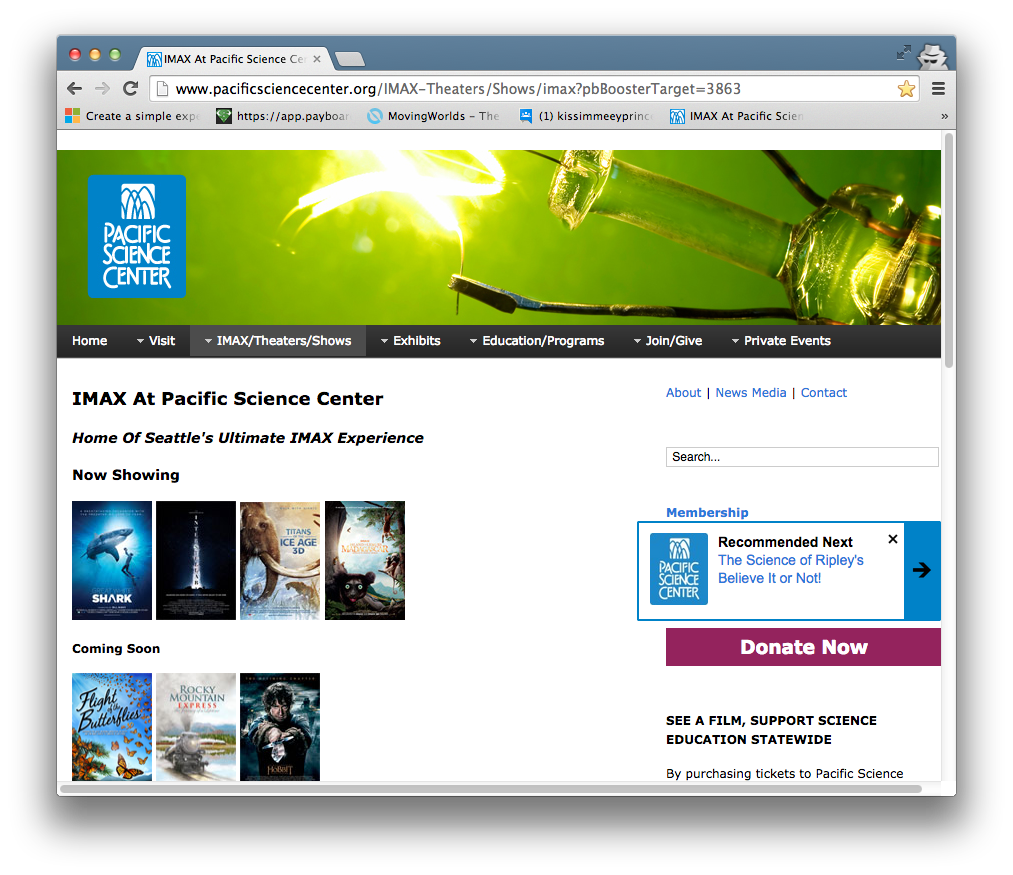 Real-world example of what Intelligent Navigation looks like on www.PacificScienceCenter.org, guiding visitors to pages that lead to conversion (e.g., purchase).
