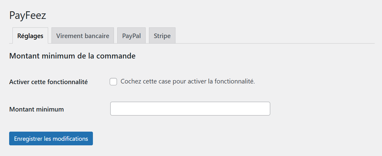 PayFeez settings page (note: tabs are displayed according to the gateways activated on the site)