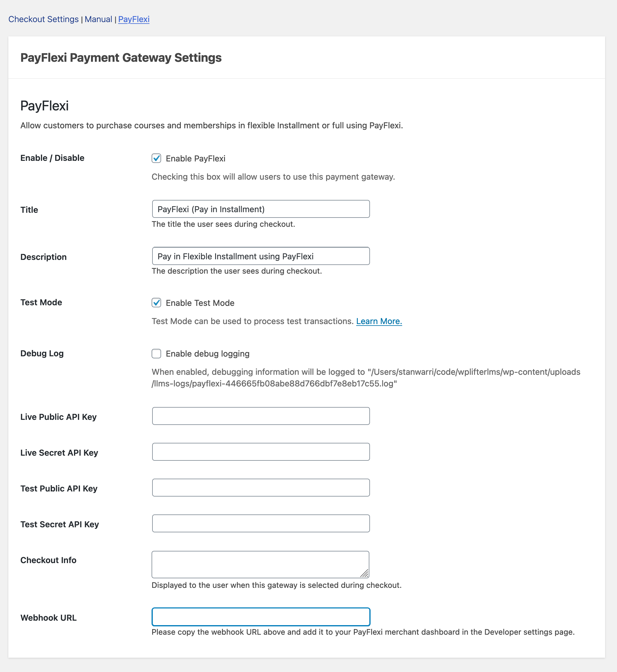 PayFlexi LifterLMS Payment Gateway Setting Page