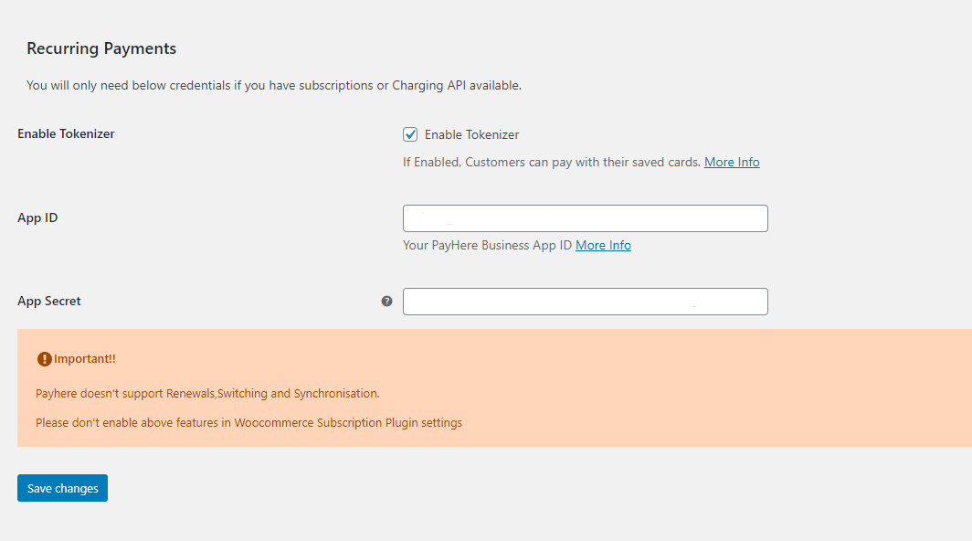 PayHere subscription settings