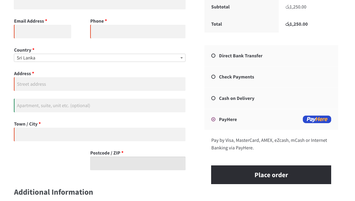 PayHere Checkout page