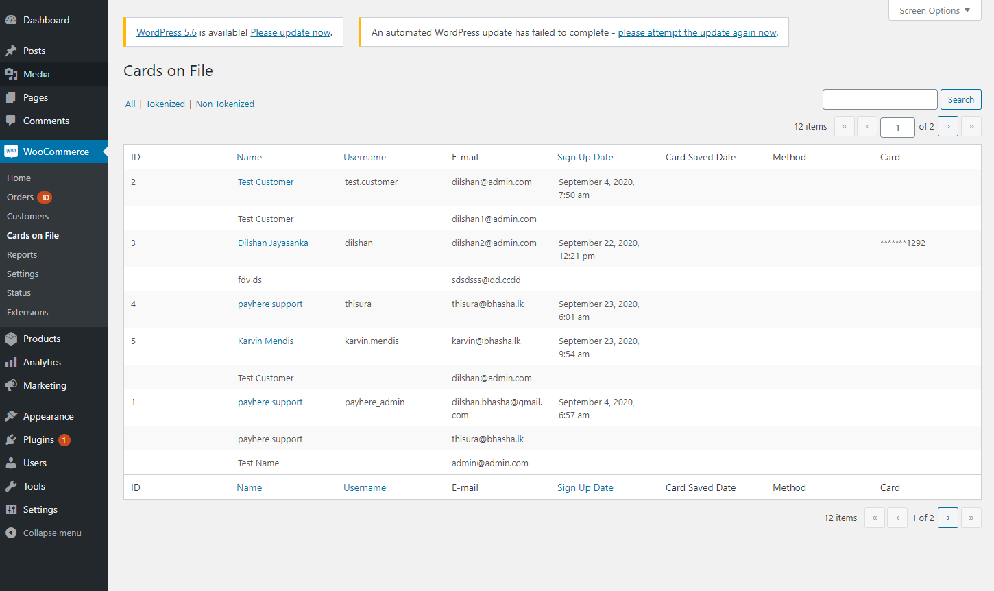 PayHere Tokenized Customers list