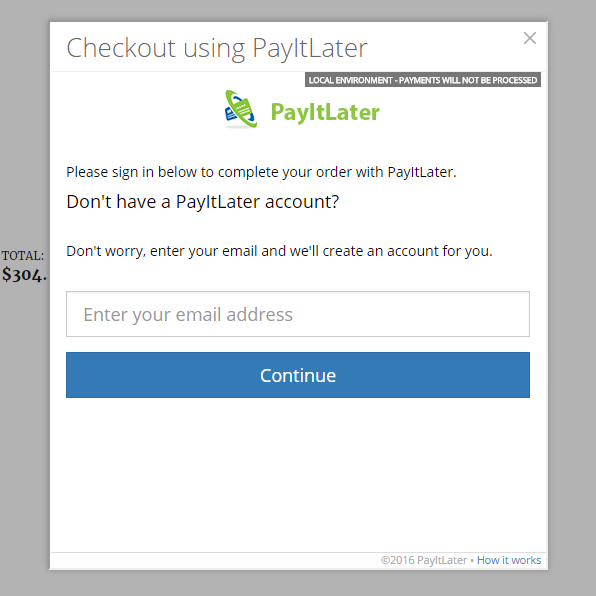 On checking out with PayItLater, the user is presented with a secure iframe that walks them through the approval and payment process.