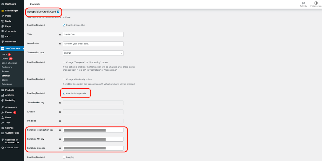 Credit Card sandbox mode