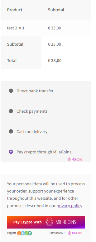 Payment button on checkout page