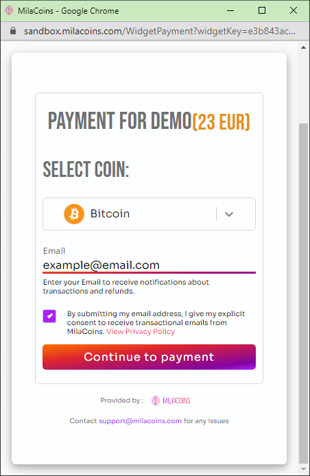 MilaCoins payment processor - select currency