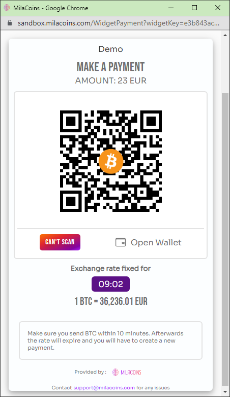 MilaCoins payment processor - make payment - QR code