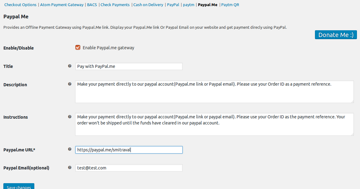 PayPal.Me admin panel settings.