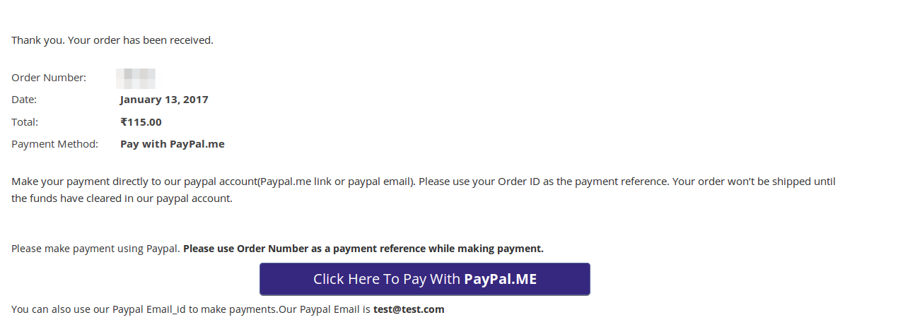 PayPal.Me details on order recieved page.