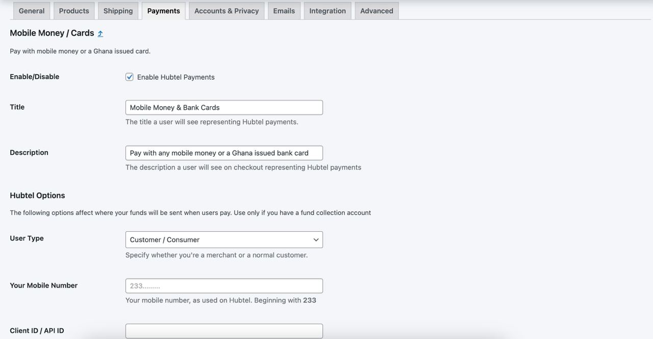 Hubtel WordPress Plugin payment gateway settings page