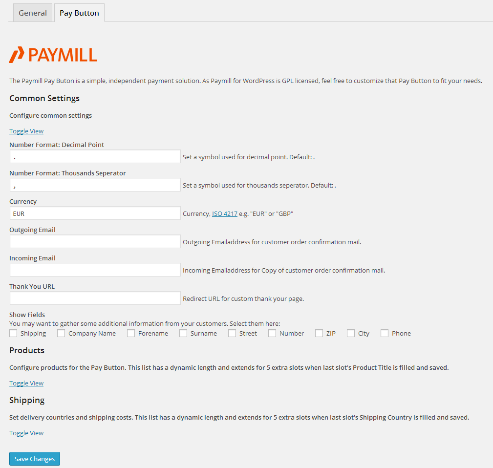 Pay Button Common Settings