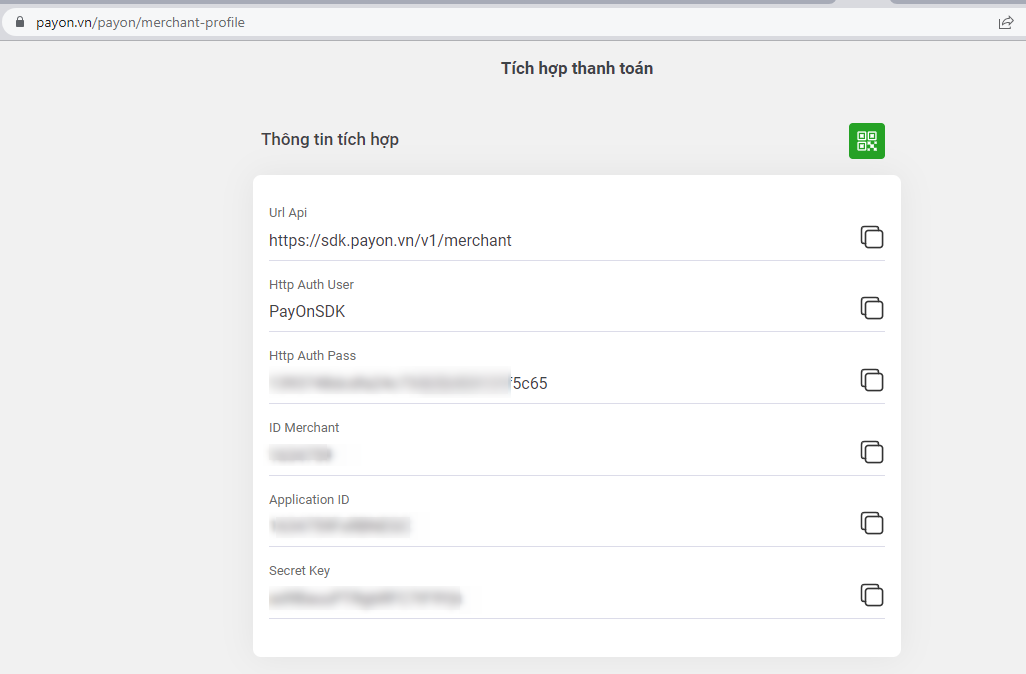 Tại đây copy các thông tin Url Api, Http Auth User, Http Auth Pass, ID Merchant, Application ID, Secret Key trên giao diện, lần lượt ứng với các key URL_API, MC_AUTH_USER, MC_AUTH_PASS, MC_ID, APP_ID, MC_SECRET_KEY