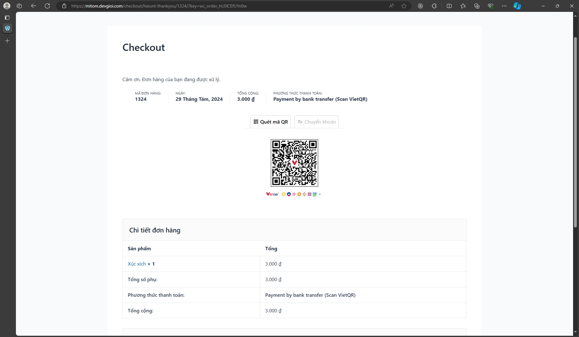 payOS QR code generated for an order.
