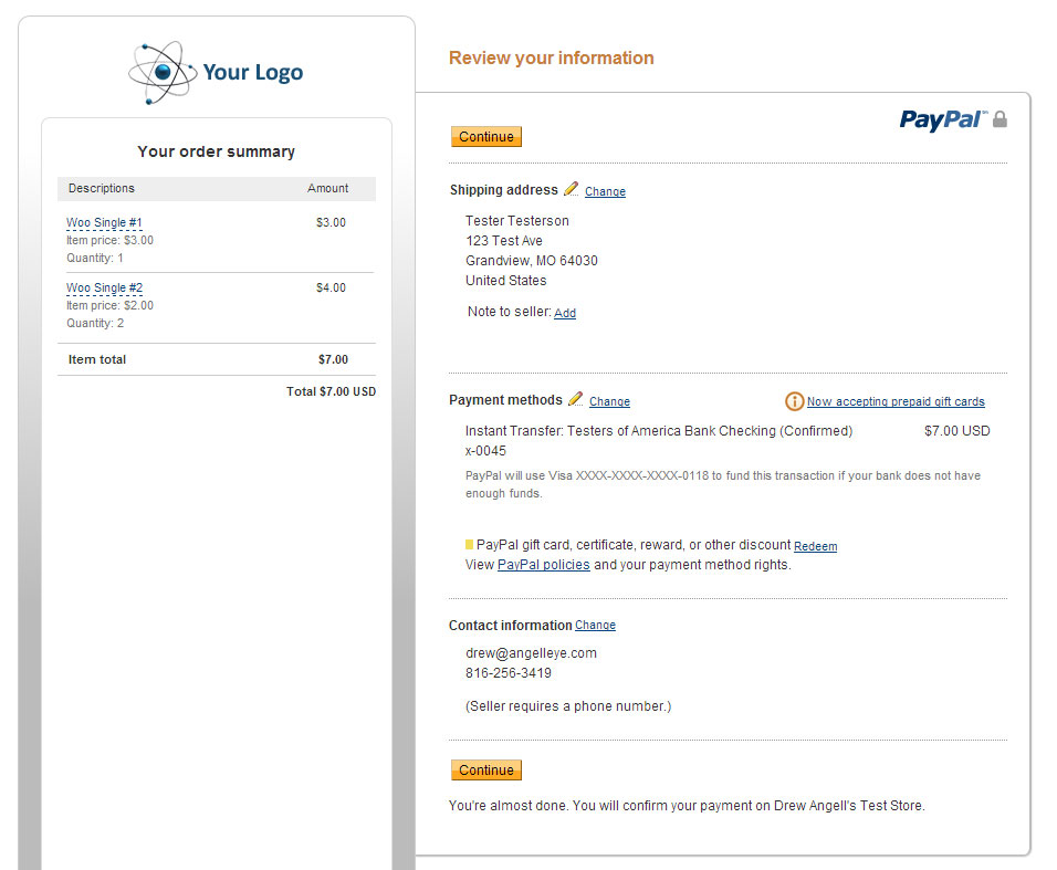 Your logo and cart items accurately displayed on PayPal Express Checkout review pages.