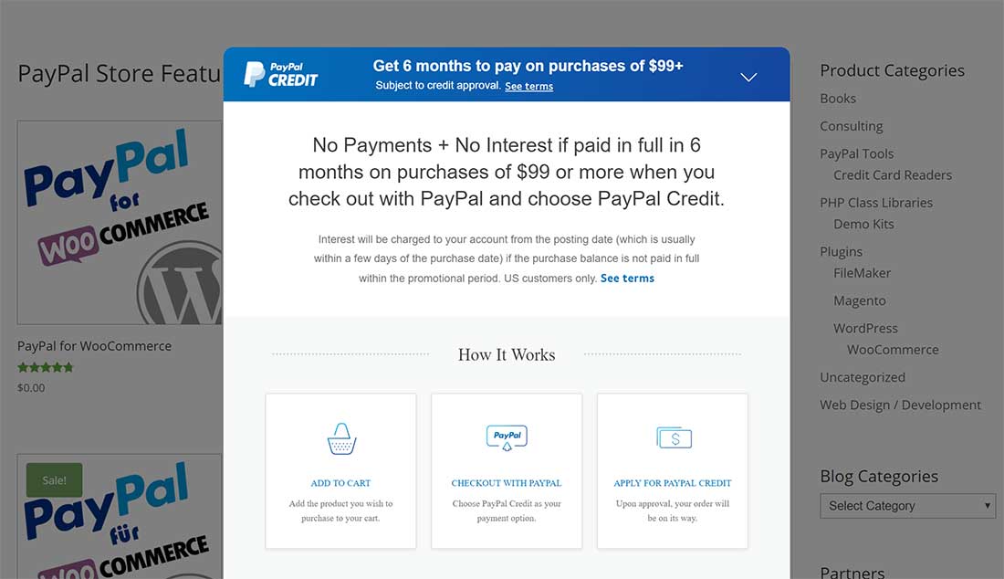 PayPal Credit banner ad displayed on site via Marketing Solutions option (expanded).