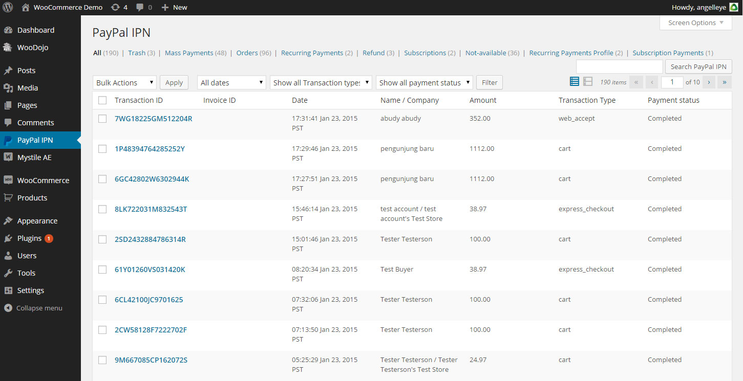 Categorized browser for all IPN transactions.