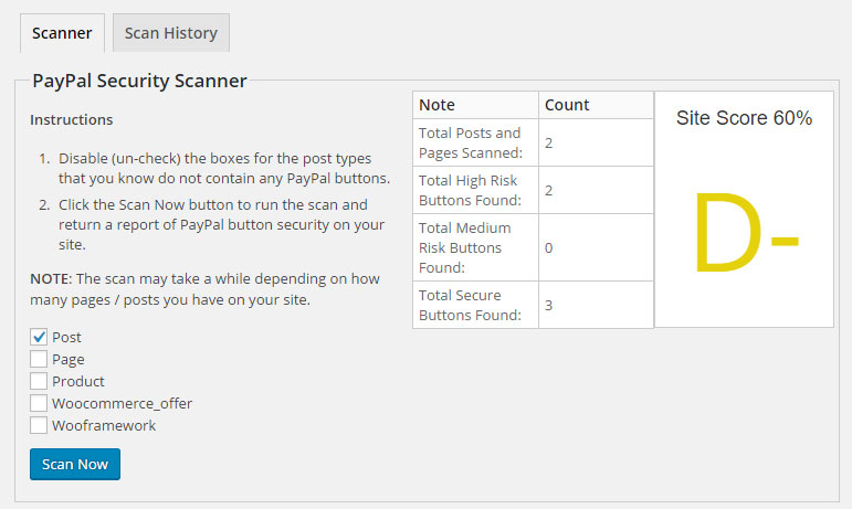 Basic security scan summary and site security score.