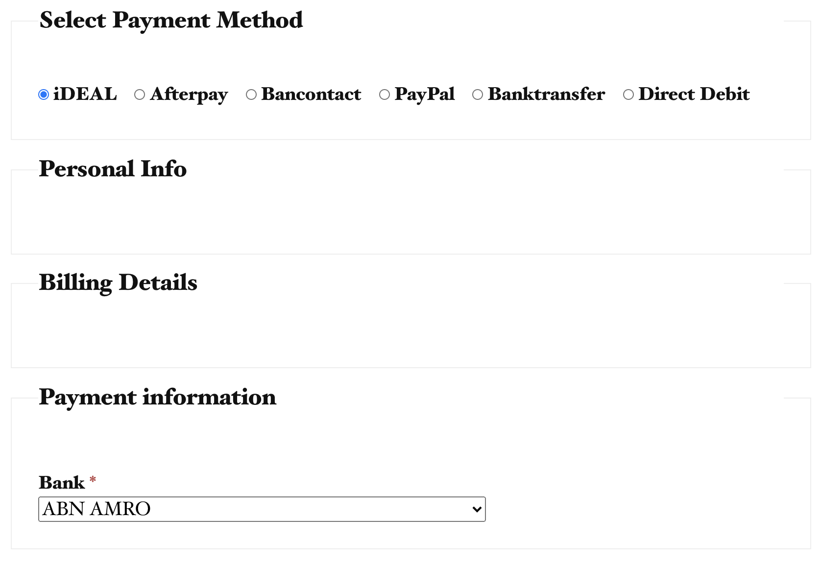 Example of the checkout payment method selection.