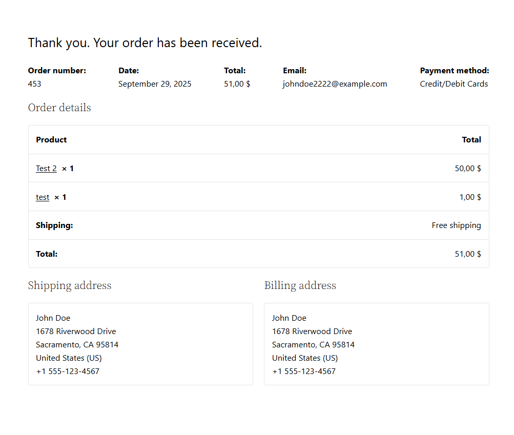 Successful order confirmation.