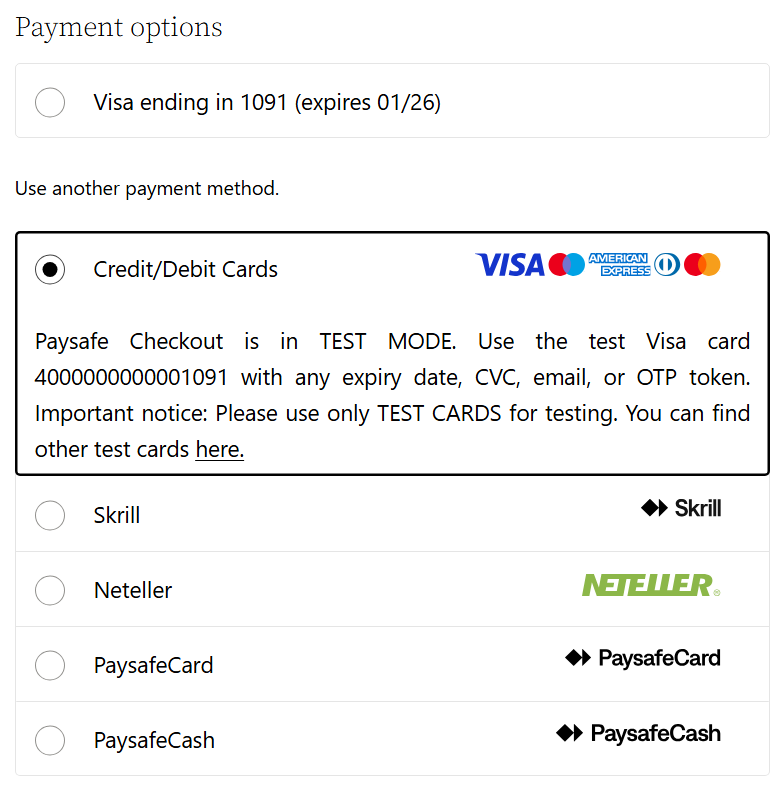 Example of a checkout page using a redirection integration type. Saved cards, card payments and alternative payment methods (APMs) are supported.