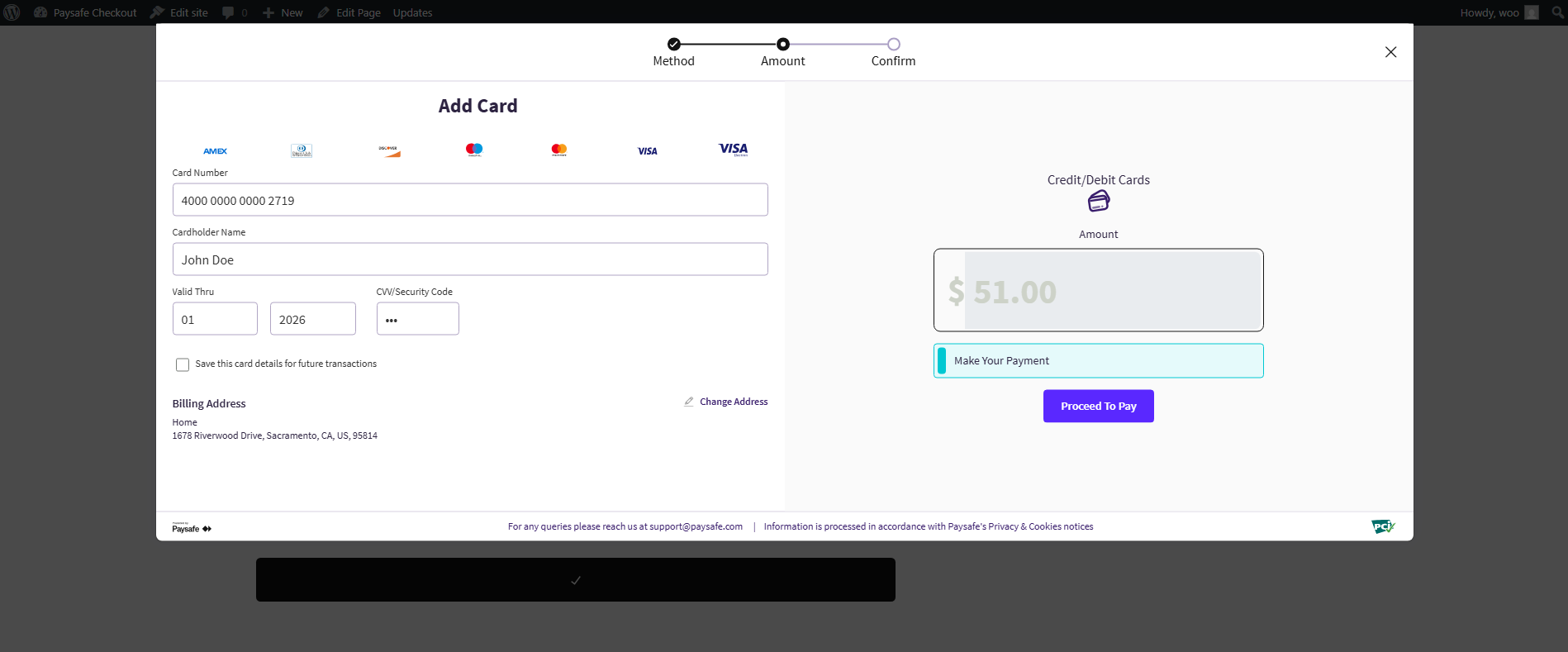 Payment step where the customer enters their card details. The customer can also choose to save the card for future purchases.