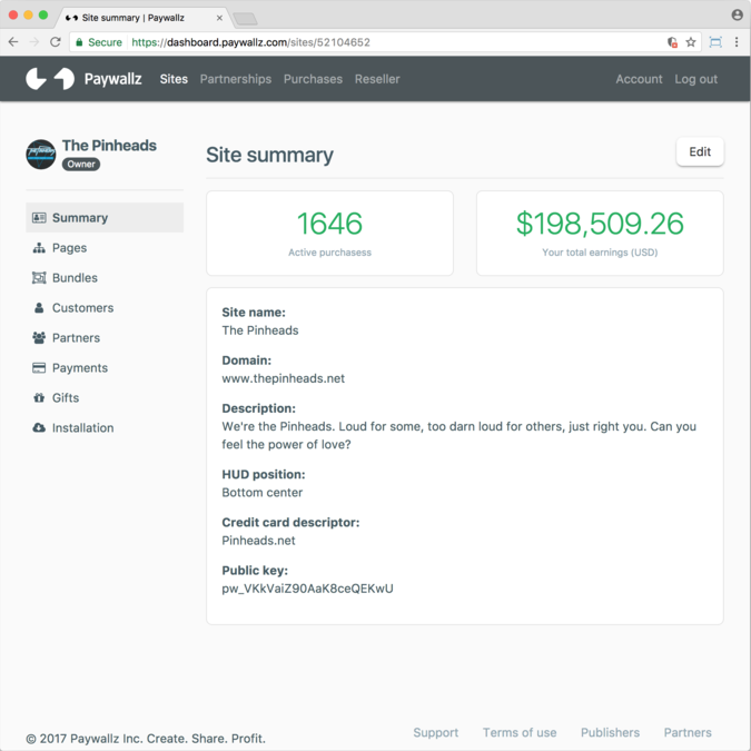 A snapshot of the site you created on Paywallz