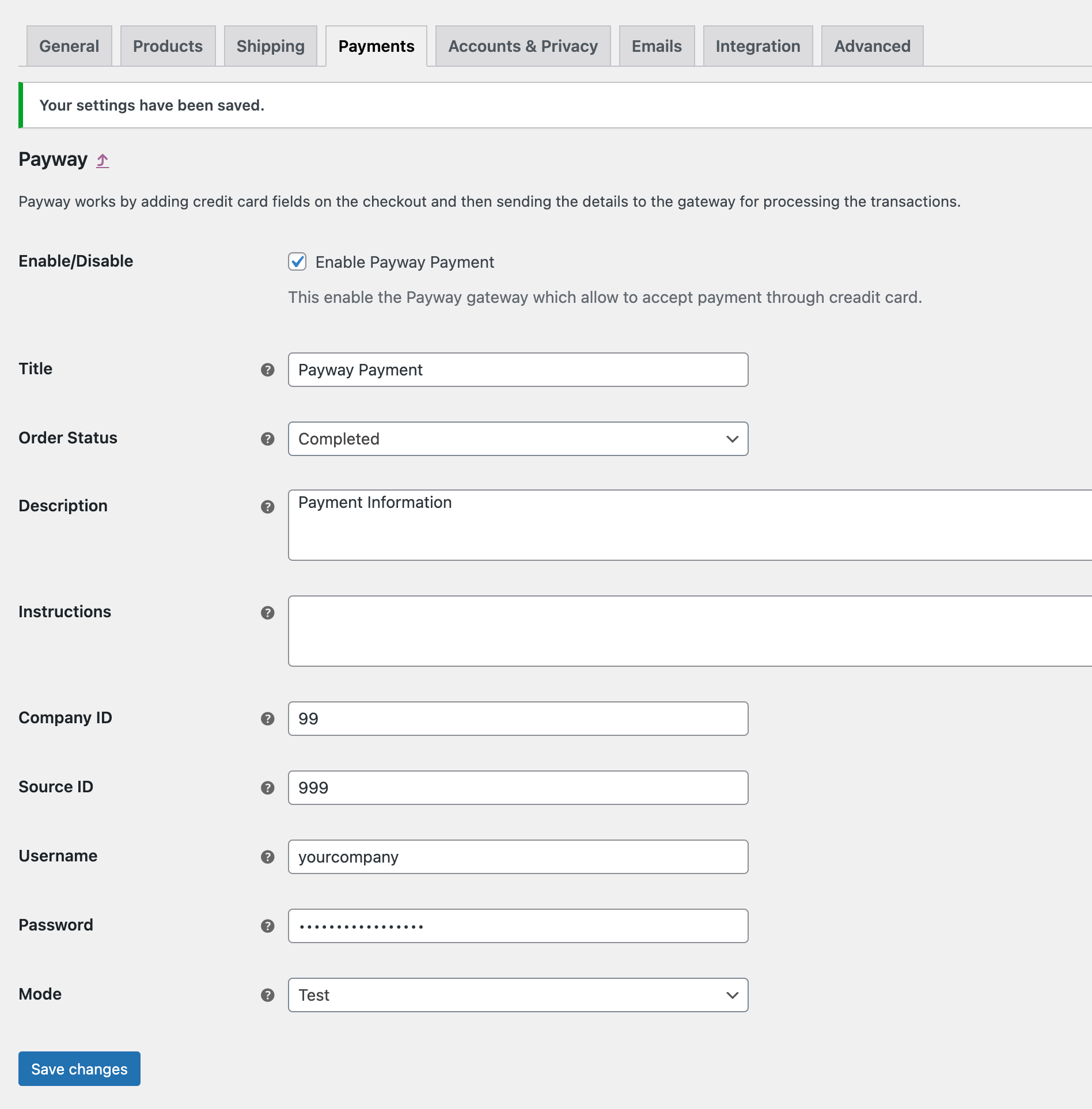Payway plugin settings