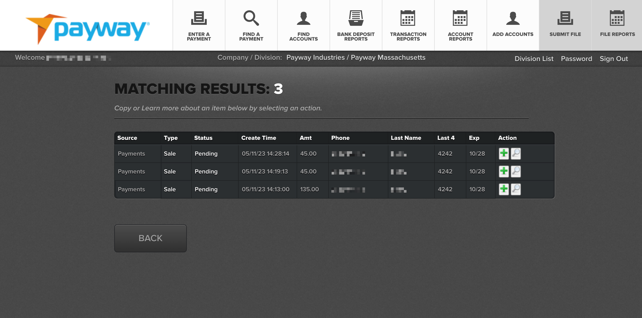 Payway account dashboard