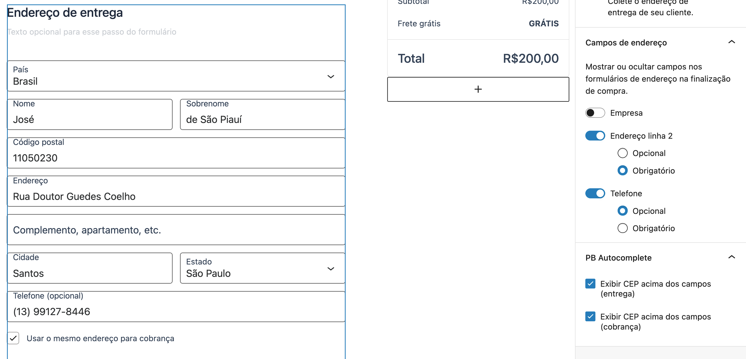 Painel PB Autocomplete no editor de blocos ao editar o bloco de endereço do checkout