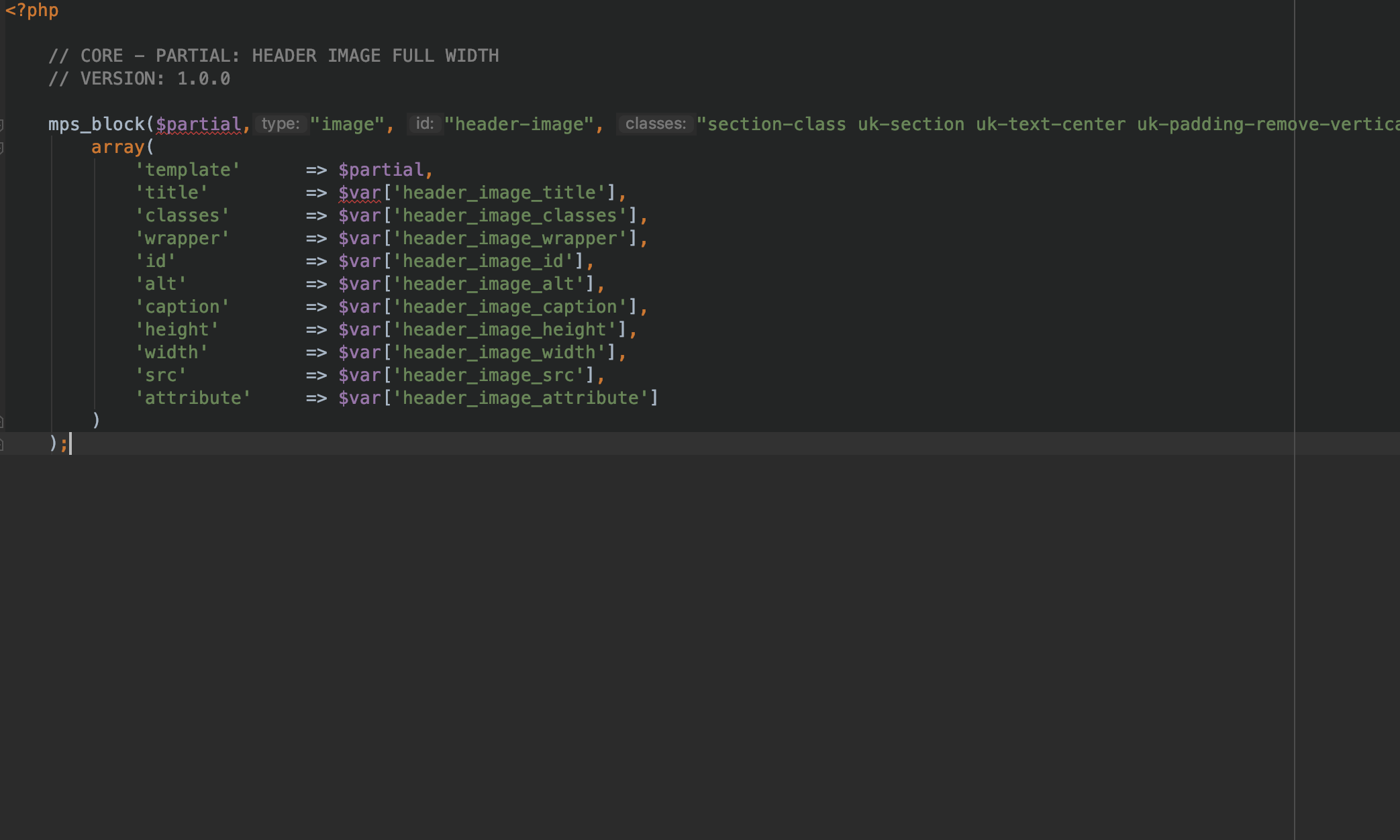 Code view (in PhpStorm) of core code (Header Image for UIkit 3)