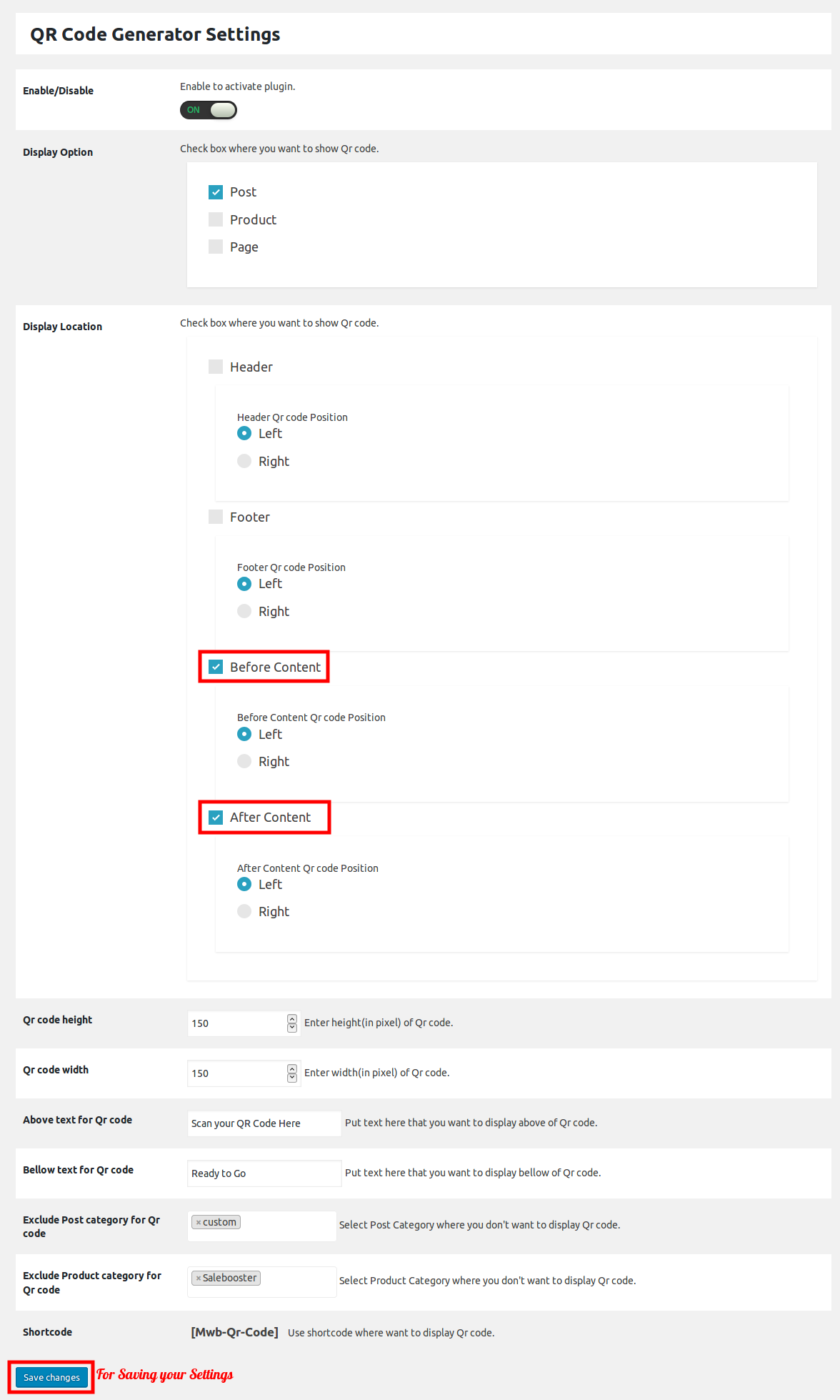 Setting for showing QR code on header and footer