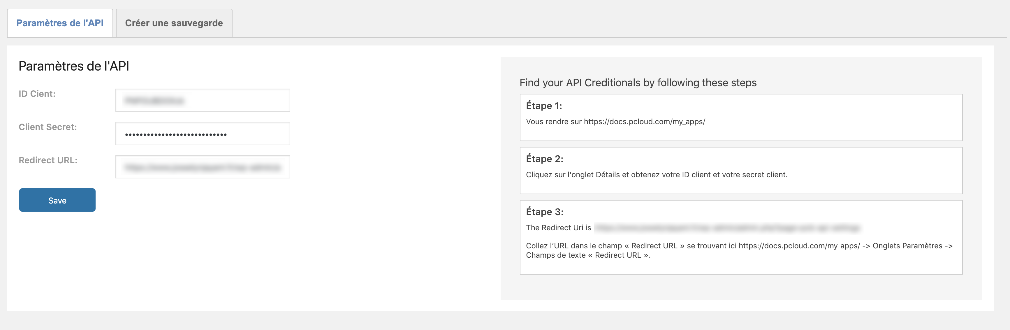 Configuration des clés API pour connexion au compte pCloud