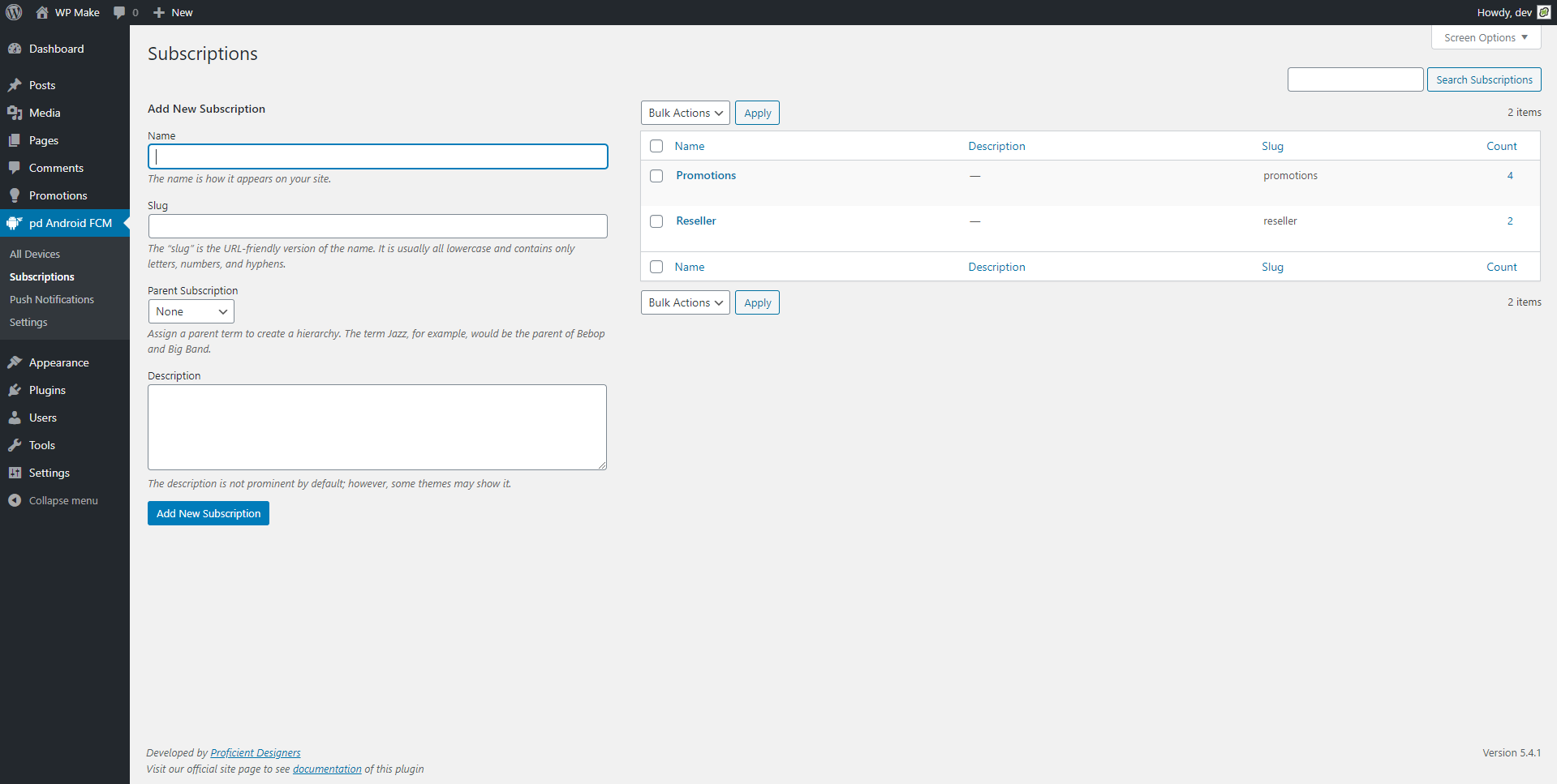 Subscriptions Page