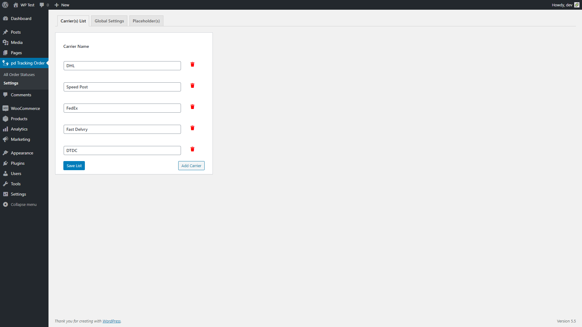 Carrier list page