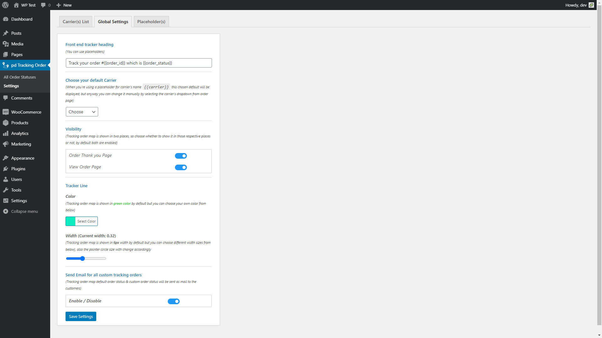 Global settings page