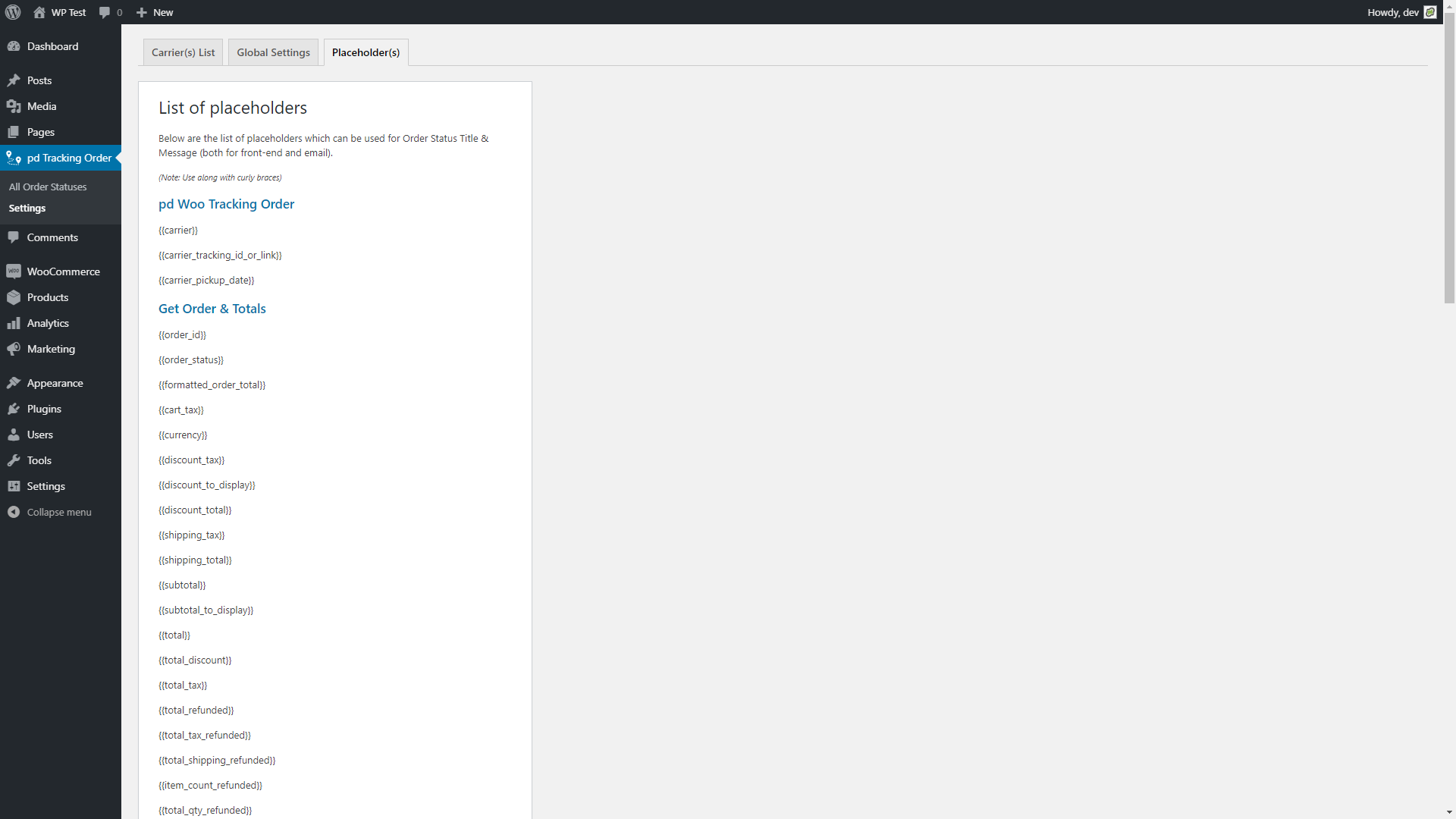 List of placeholders