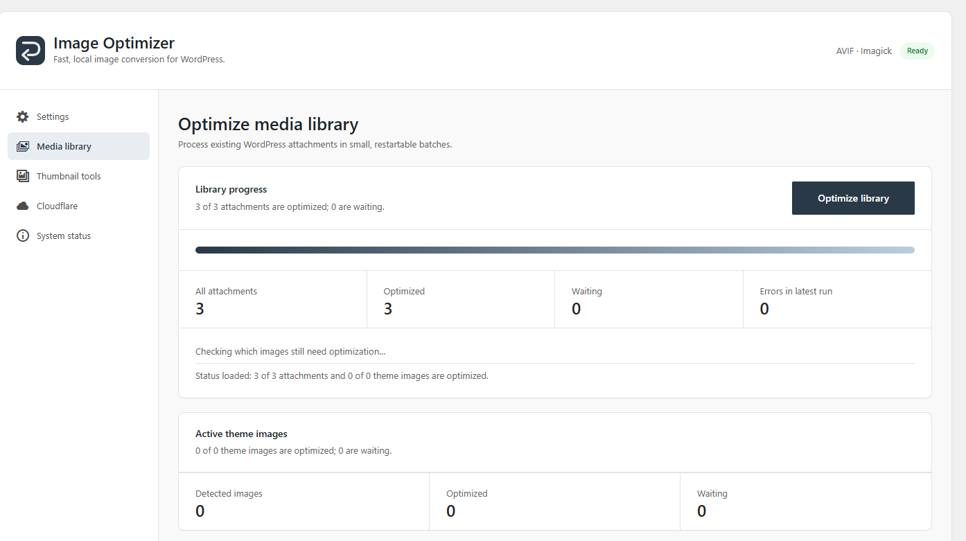 Bulk Media Library optimization - convert existing WordPress images and thumbnails with restartable progress and visible error reporting.