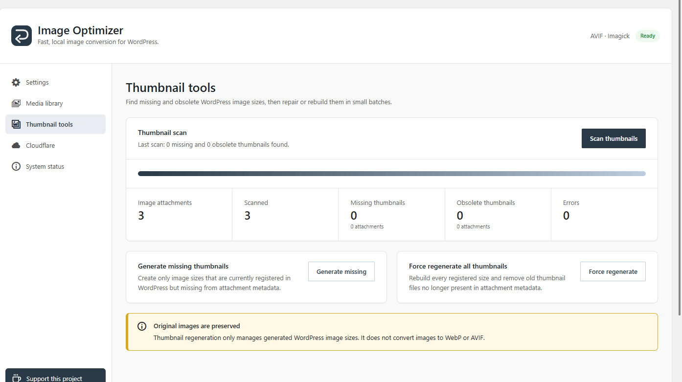 Thumbnail tools - find missing or obsolete WordPress image sizes and regenerate thumbnails when needed.