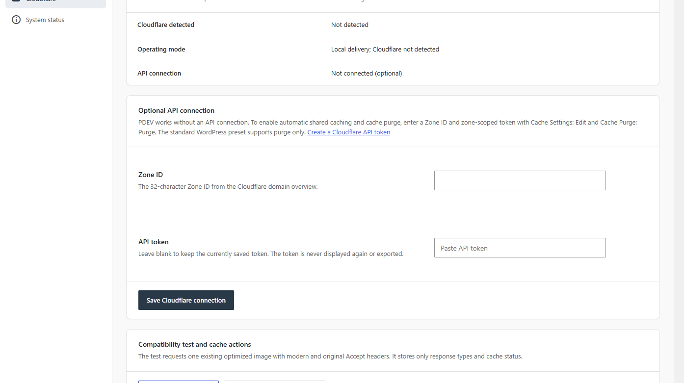 Cloudflare integration - configure optional cache compatibility, test delivery, and purge cache.