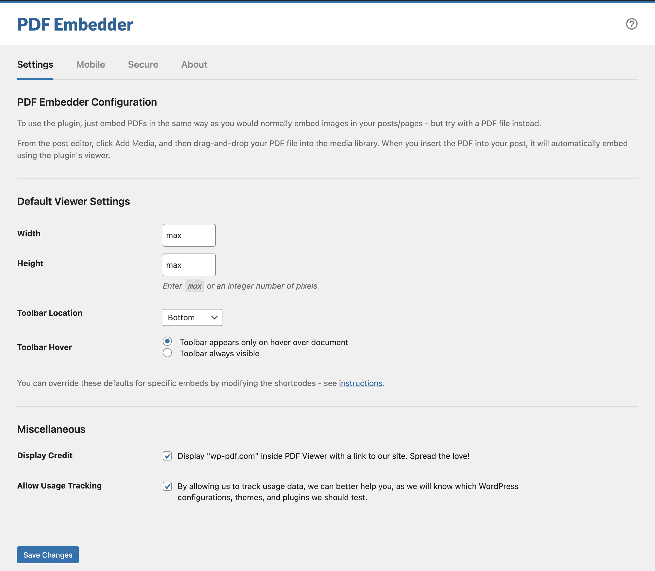 Settings can change appearance of the viewer, including size.