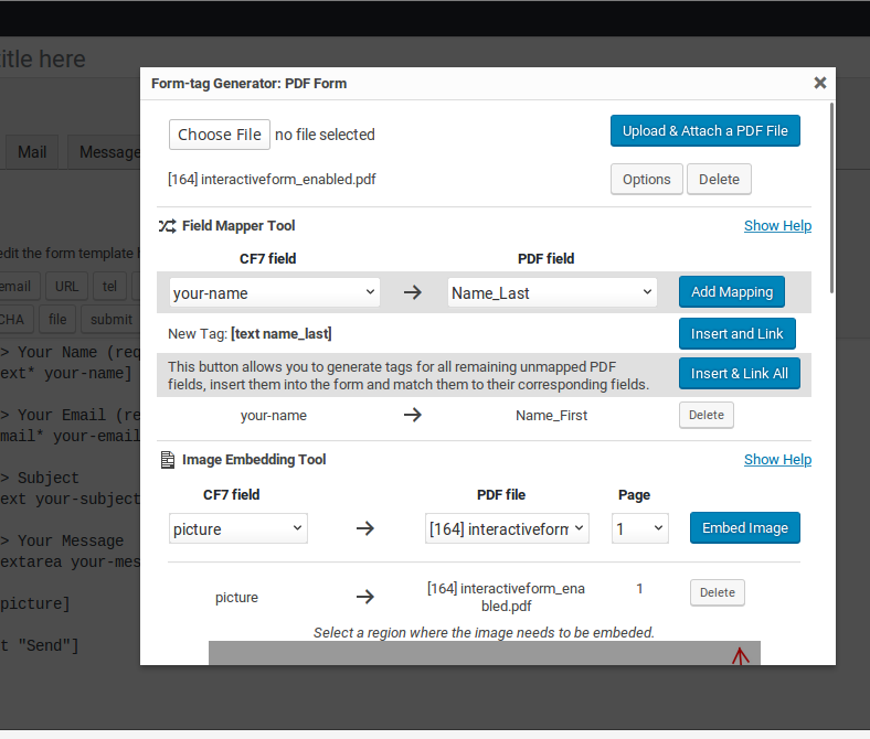 Form-tag Generator interface that allows users to attach PDF files and generate tags