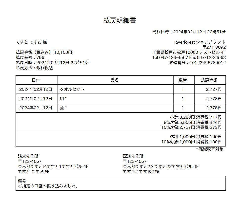 適格返還請求書（払戻明細書）