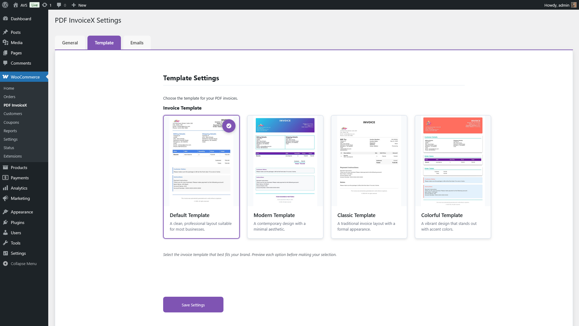 **Settings Page**: Template Tab to select PDF template.