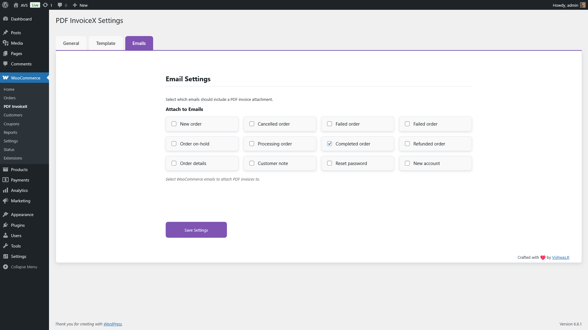 **Settings Page**: Emails Tab to select which WooCommerce emails should PDF Invoice be included.