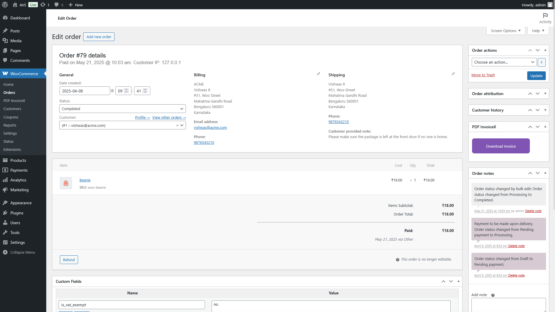 **Order Details Meta Box**: Access invoices from the order edit page.
